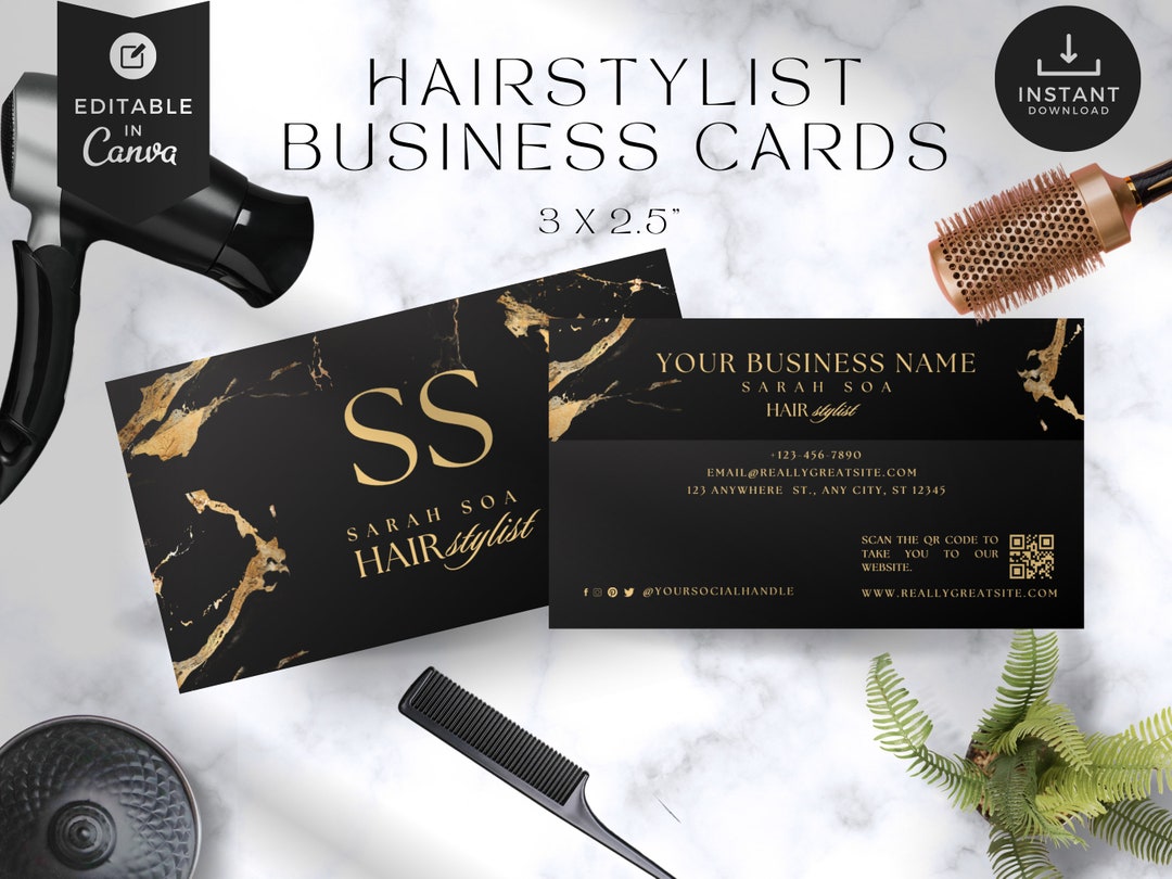 Hair Business Cards With Qr Code, Luxury, Black and Gold, for