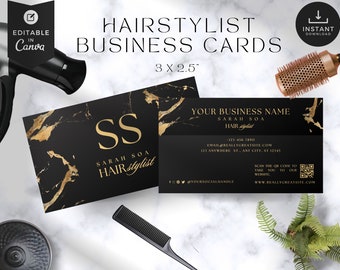 Black & Gold Hair Business Card with QR Code (Canva Template)