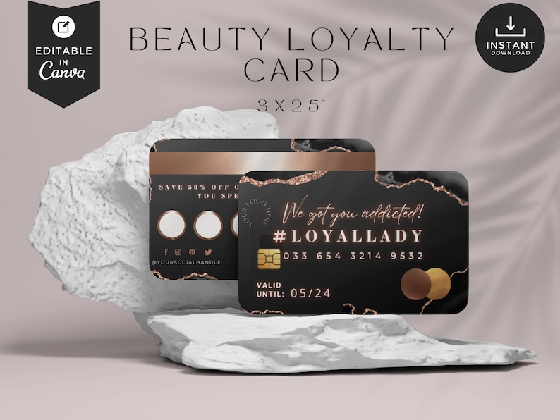 Business loyalty card, Loyalty card with QR Code, Esthetician,lash tech,hair stylist, nails,black, rose gold,credit card, BB-BAG image 1