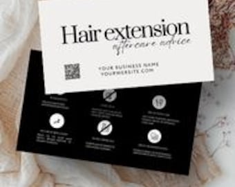 Modelo de cartão de cuidados pós-aplicação de extensões de cabelo, guia para salão (editável em Canva, download digital)