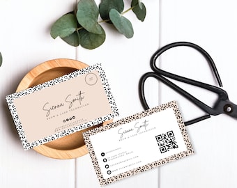 Plantilla de tarjeta de presentación de pestañas con estampado de leopardo y código QR (descarga digital)