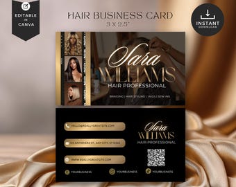 Modèle de carte de visite pour tressage de cheveux, perruques, toile modifiable, code QR, salon de beauté, BC-GWB