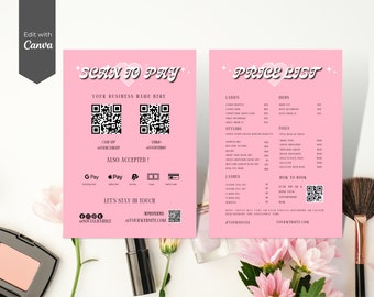 May include: Pink and white price list for a beauty salon with a scan to pay QR code, a list of services and prices, and contact information.