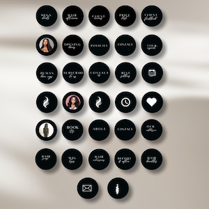 May include: A set of 25 black and white Instagram story highlight covers with various icons and text. The icons include a flame, a clock, a heart, a calendar, an envelope, and a hair strand. The text includes "Mega Deals", "Hair Extensions", "Client Wishes", "Price List", "Client Feedback", "Opening Hours", "Policies", "Contact", "Your Support", "Human Hair Weft", "Subscribe to Us", "Contact Us", "Best Selling", "Book Me", "About", "Contact", "Our Adhesive", "Hair Prep", "Wig Types", "Hair Extensions", "Before & After", "Hair Bundles".