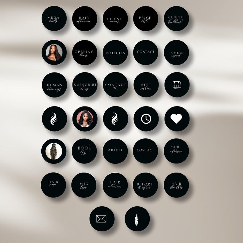 May include: A set of 25 black and white Instagram story highlight covers with various icons and text. The icons include a flame, a clock, a heart, a calendar, an envelope, and a hair strand. The text includes "Mega Deals", "Hair Extensions", "Client Wishes", "Price List", "Client Feedback", "Opening Hours", "Policies", "Contact", "Your Support", "Human Hair Weft", "Subscribe to Us", "Contact Us", "Best Selling", "Book Me", "About", "Contact", "Our Adhesive", "Hair Prep", "Wig Types", "Hair Extensions", "Before & After", "Hair Bundles".