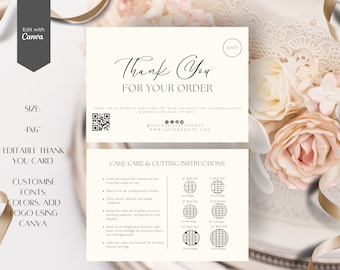 Editable Cake Care Card Template: Minimalist Thank You (4x6) (Digital Download)
