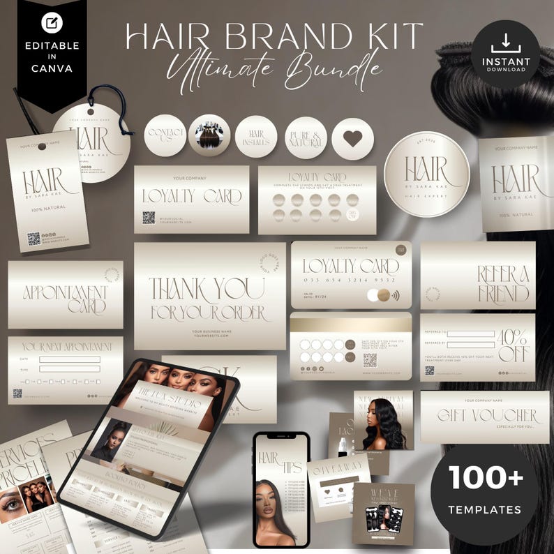 May include: A collection of hair brand marketing templates in a neutral color palette. Includes business cards, loyalty cards, appointment cards, gift vouchers, and social media templates. The text includes "Hair Brand Kit" and "Ultimate Bundle".