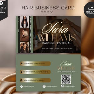 May include: A business card design for a hair professional. The card features the name "Sara Williams" in elegant gold script, with the title "Hair Professional" below. The card includes contact information and a QR code. The dimensions are 3 x 2.5 inches.