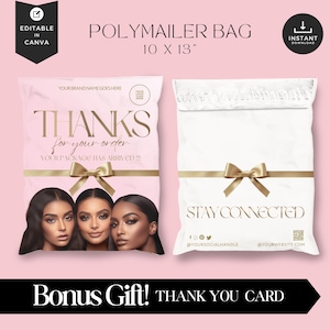 Könnte beinhalten: Rosa Polymailer-Tasche, 25,4 x 33 cm, mit dem Text "THANKS for your order" und einer goldenen Schleife. Die Tasche zeigt drei Frauengesichter. Eine weiße Polymailer-Tasche mit "STAY CONNECTED" und einer goldenen Schleife wird ebenfalls gezeigt.