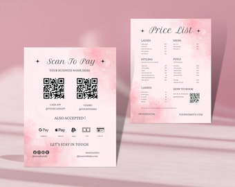 Puede incluir: Un fondo de acuarela rosa y blanco con dos carteles. El cartel de la izquierda tiene un código QR para escanear y pagar, información de Cash App y Venmo, y métodos de pago que incluyen Google Pay, Apple Pay, PayPal y tarjetas de crédito. El cartel de la derecha tiene una lista de precios para servicios de peluquería para mujeres y hombres, que incluyen peinado, mechas, pestañas y cómo reservar. El texto en los carteles dice "Scan To Pay", "Your Business Name Here", "Cash App @YourCashApp", "Venmo @YourVenmo", "Also Accepted!", "Price List", "Ladies", "Mens", "Styling", "Foils", "Lashes", "How To Book", "#YourSocial", "YourWebsite.com", "Let's Stay In Touch", "@socialhandle", "5049343093", "@yourwebsite.com".