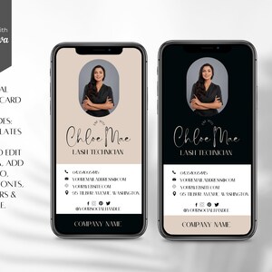 Op de afbeelding: Twee digitale visitekaartjesjablonen voor een wimperstyliste. De kaarten bevatten een foto van de styliste, de tekst "Chloe Mae Lash Technician", contactgegevens en de bedrijfsnaam. De kaarten zijn ontworpen in een minimalistische stijl met een zwart-wit kleurenschema.