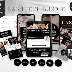 Può includere: Una collezione di oltre 130 design in bianco e nero per tecnici di ciglia. I design includono post sui social media, schede di appuntamenti, schede di offerte di trattamento e schede di assistenza post-trattamento. Il testo sui design include "Lash Tech Bundle", "Lashes & Brows", "Hello, I'm Chanella", "Special Offers", "Treatment Offer", "Appointments This Week", and "Lash Aftercare Card".