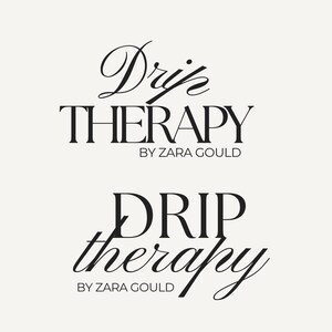 May include: Black and white logo for Drip Therapy by Zara Gould. The logo features the words "Drip Therapy" in a stylized font.