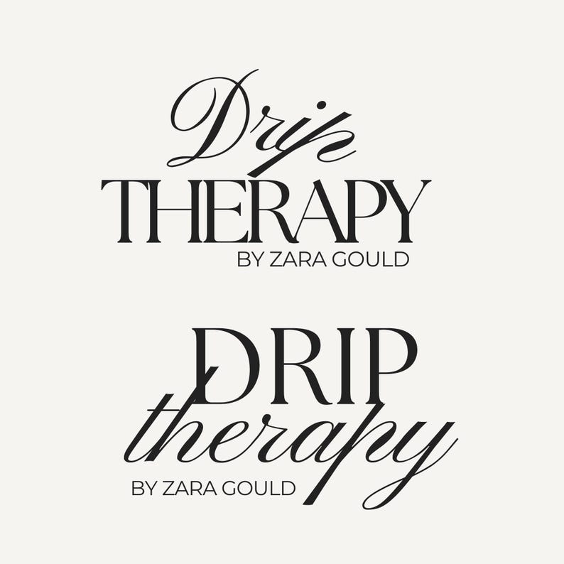 May include: Black and white logo for Drip Therapy by Zara Gould. The logo features the words "Drip Therapy" in a stylized font.
