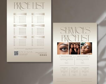 May include: Two beige price list flyers with elegant typography. One flyer says "PRICE LIST" and lists services. The other says "SERVICES PRICELIST" with photos and service details. Includes a QR code.