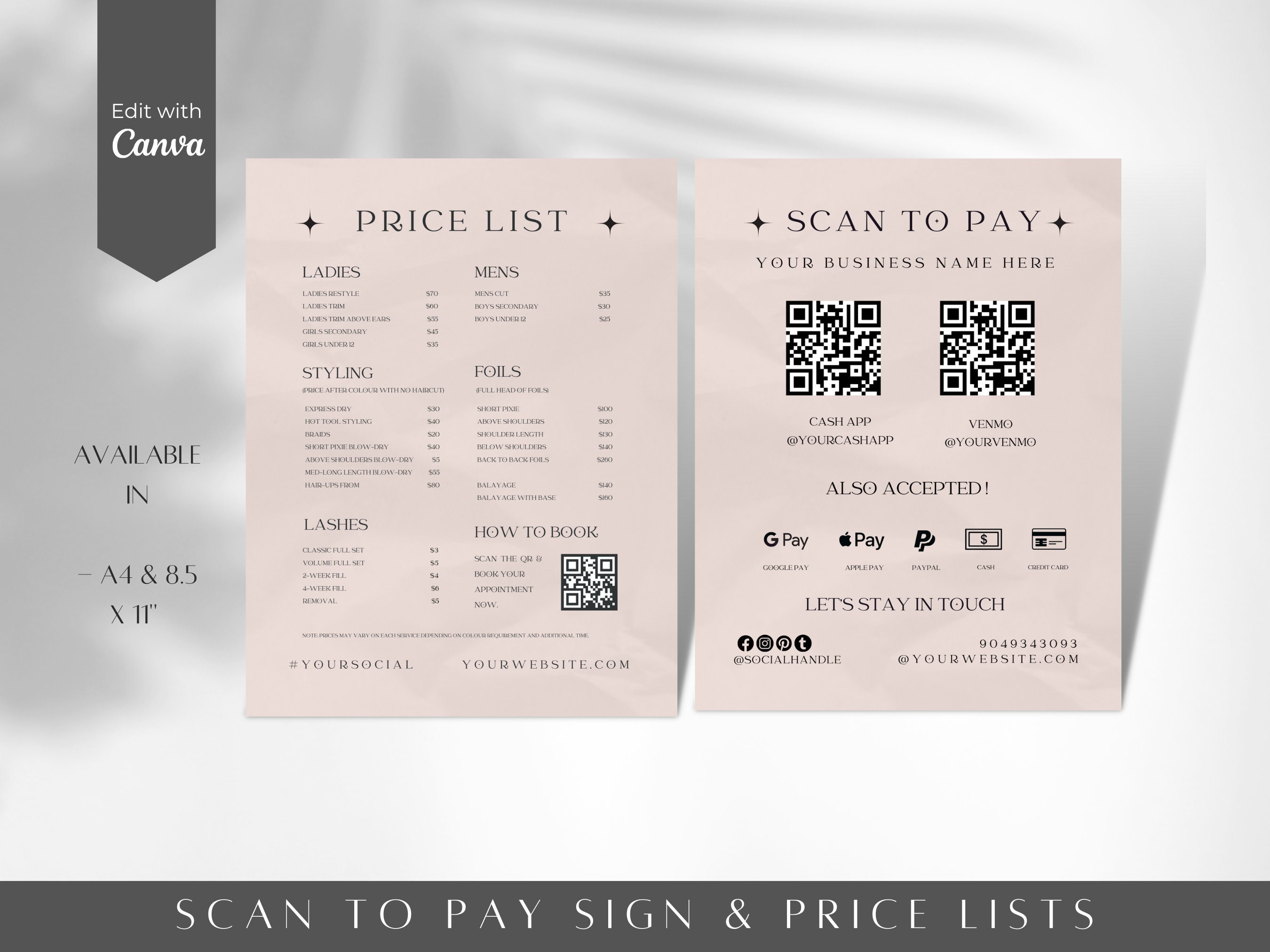Boho Beauty Salon Price List Template: Scan to Pay (canva Editable, A4 ...