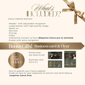 Puede incluir: Imagen promocional con texto que dice "What's Included?" y "Bonus Gifts!". La imagen enumera banners de sitios web de Canva, un folleto promocional y una tarjeta de presentaci&oacute;n. La imagen tambi&eacute;n incluye una cinta dorada y un c&iacute;rculo dorado con las palabras "Free Guides".