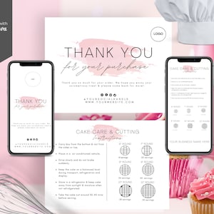 May include: A pink and white thank you card with a pink watercolour background. The card reads "Thank you for your purchase." and includes a social media handle and website address. The card also includes a cake care and cutting guide with instructions on how to store and cut a cake. The guide includes a chart with different cake sizes and the number of servings each size provides.