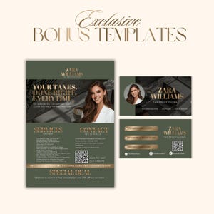 Puede incluir: Gr&aacute;fico promocional para Zara Williams, Tax Professional, con un folleto y tarjetas de visita. El folleto incluye el texto "Your Taxes. Done Right. Everytime" y una foto de una mujer. Las tarjetas de visita muestran el nombre de la empresa y la informaci&oacute;n de contacto.
