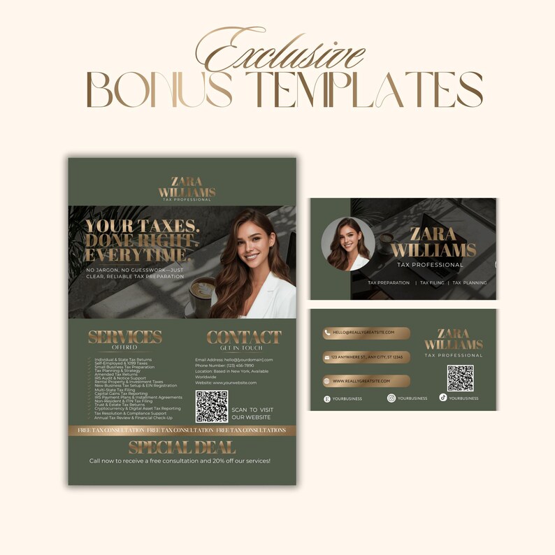 Puede incluir: Gr&aacute;fico promocional para Zara Williams, Tax Professional, con un folleto y tarjetas de visita. El folleto incluye el texto "Your Taxes. Done Right. Everytime" y una foto de una mujer. Las tarjetas de visita muestran el nombre de la empresa y la informaci&oacute;n de contacto.