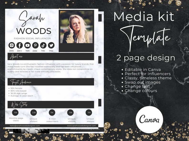 Peut inclure: Un arri&egrave;re-plan en marbre noir et blanc avec un recouvrement de paillettes noires et dor&eacute;es. Le texte "Media kit Template" est en blanc avec un recouvrement de paillettes dor&eacute;es. Le texte "2 page design" est en blanc. Une liste de fonctionnalit&eacute;s est en texte blanc&nbsp;: Editable in Canva, Perfect for influencers, Classy, timeless theme, Swap out images, Change text, Change colours. Le texte "Canva" est en blanc avec un recouvrement de paillettes dor&eacute;es.