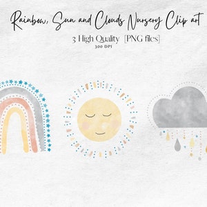 Watercolor Boho Nursery Clipart: Sun, Rainbow, Cloud (Digital Download)