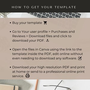 May include: A beige background with black text explaining how to download a template. The text includes the words "Buy your template", "Download files", "Open the files in Canva", and "Download your high resolution PDF".