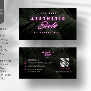 Diy Tropical Pink Neon Visitenkarte für Kosmetikerin, Bearbeitbare Visitenkarte Canva Template, Kosmetikerin Visitenkarte, QR Code, AES-PNK