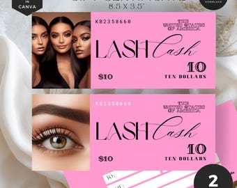 May include: Two pink gift certificate designs for lash services. The top design features three women with long eyelashes. The bottom design features a close-up of an eye with long eyelashes. Both designs feature the text "LASH Cash 10" and "$10 TEN DOLLARS".