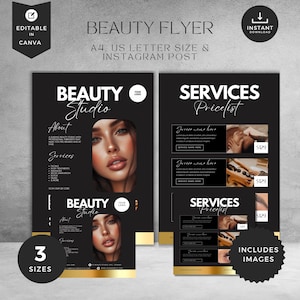 Szablon ulotki Diy Beauty, Włosy, Makijaż, Paznokcie, Kosmetyczka, Botox, Spa, Zestawy, Rzęsy, Promocja, PMU, Canva, Black Gold Lux, Post na ulotce na Instagramie, BF-BG