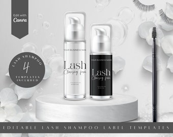 May include: Two white bottles with black labels and silver pumps, labeled "Lash Cleansing Foam" on a white platform. The bottles are surrounded by white petals and water droplets. The text "Lash Shampoo 4 Templates Included" is on a black circle.