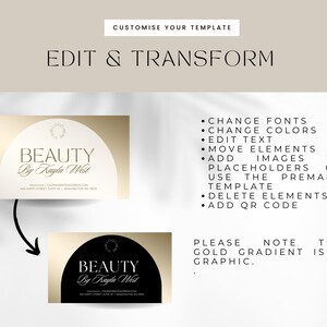 May include: A customizable business card template with a gold gradient background and a white circle with the text "BEAUTY by Kayla West". The text is in a black font. The template can be edited to change fonts, colors, text, and add images.