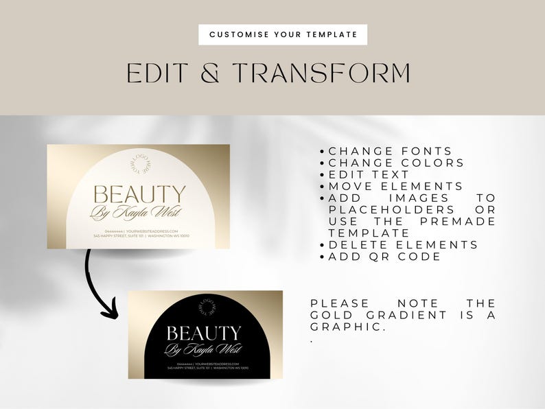 May include: A customizable business card template with a gold gradient background and a white circle with the text "BEAUTY by Kayla West". The text is in a black font. The template can be edited to change fonts, colors, text, and add images.