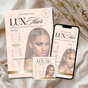 May include: A promotional image for "LUX Hair" featuring a price list on a flyer, a small card, and a smartphone screen. The text includes "100% Virgin Human Hair" and pricing for frontals, closures, and virgin wigs. The background is a soft pink.