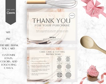 Editable Cake Care Card Template: Thank You, Serving Guide (6x4" Canva Template)