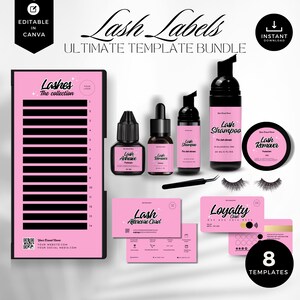 May include: A pink and black lash label template bundle with the text "Lash Labels Ultimate Template Bundle". Includes lash shampoo, remover, adhesive, aftercare cards, loyalty cards, and a lash collection display. Features the text "Editable in Canva".