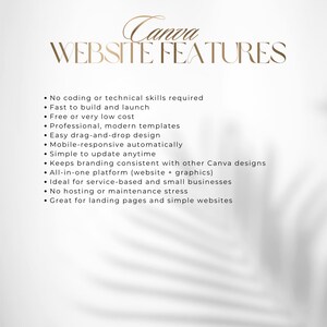 May include: A graphic with the text "Canva WEBSITE FEATURES" in gold lettering. The list includes features like no coding skills required, easy drag-and-drop design, and mobile responsiveness. The background is a soft, blurred white.