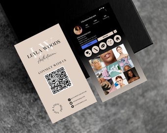 May include: A business card with a QR code and the text "LEYLA WOODS Aesthetician CONNECT WITH US" and a logo that says "YOUR LOGO HERE". The card is next to a screenshot of an Instagram profile with the username "fierbotoxyLeyla" and a grid of photos related to beauty and aesthetics.