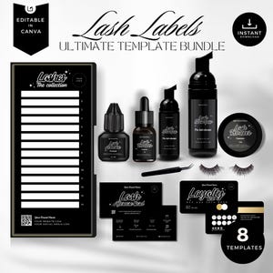 Può includere: Un pacchetto di modelli di etichette per ciglia in bianco e nero. L'immagine include un vassoio per ciglia, bottiglie, biglietti da visita e un contenitore rotondo. Il testo include "Lash Labels", "Ultimate Template Bundle" e "Instant Download".