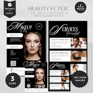 Szablon ulotki Diy Beauty, Włosy, Makijaż, Paznokcie, Kosmetyczka, Botox, Spa, Zestawy, Rzęsy, Promocja, PMU, Canva, Czarny, Post na ulotce na Instagramie, MT-BW