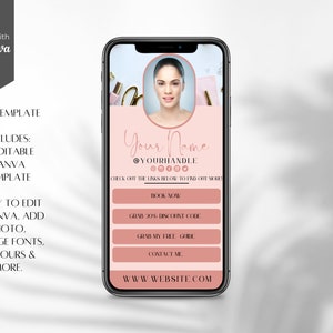 May include: A pink and white mobile phone screen mockup with a bio template for social media. The template includes a photo of a woman, the text "Your Name", a social media handle, and links to book now, grab a discount code, grab a free gift, and contact. The template is editable in Canva.