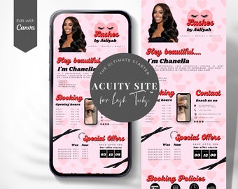 May include: A pink and white mobile phone screen displaying a business advertisement for eyelash extensions. The text on the screen reads "Lashes by Aaliyah", "Hey beautiful... I'm Chanella", "The Ultimate Starter", "Acuity Site for Lash Techs", "Booking", "Opening Hours", "Special Offers", "Was Now", "Save Upto 30%", "Our offer starts", "03 12 08", "Booking Policies".