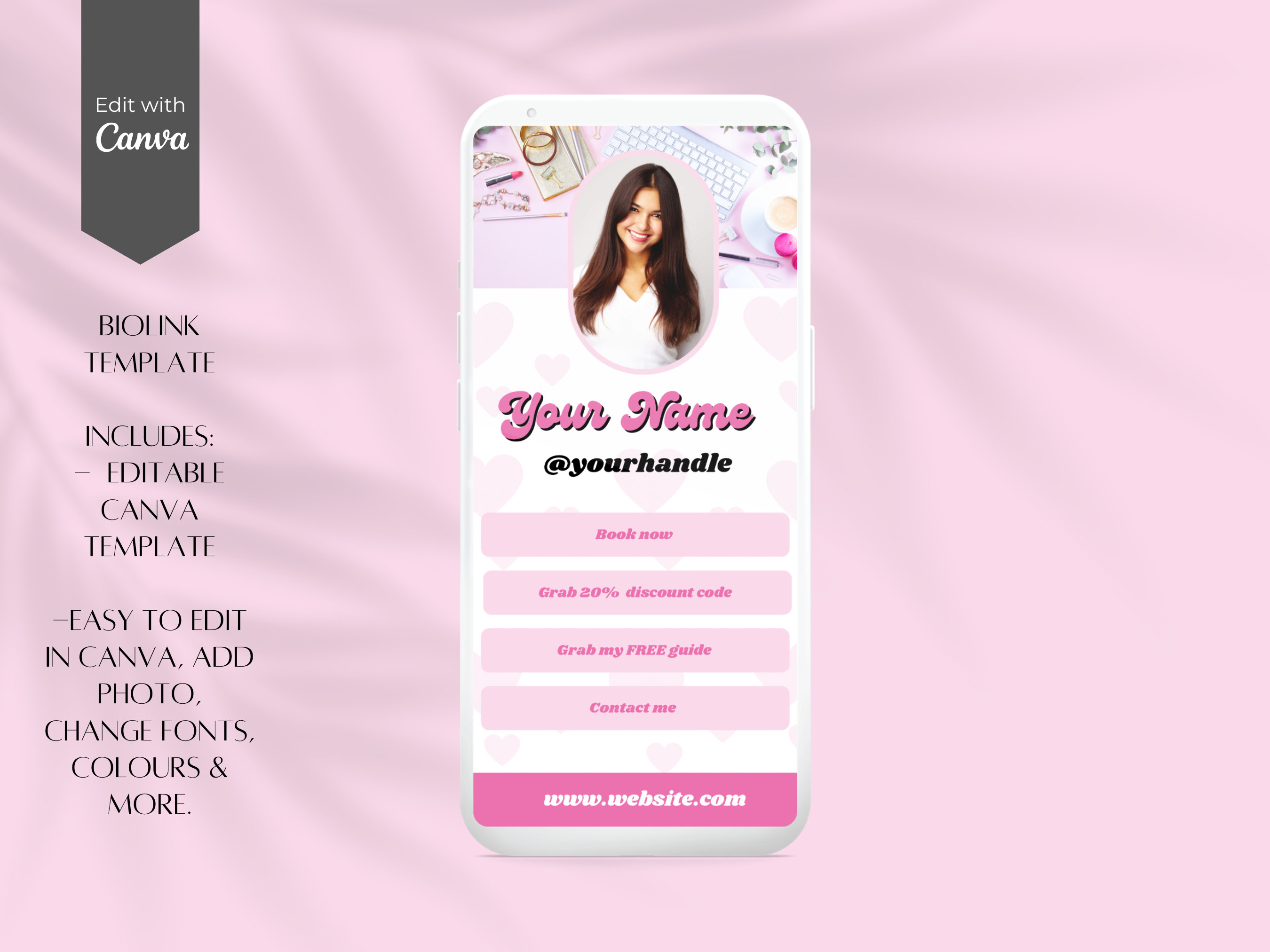 Pink retro editable bio link, Link in bio template,  Canva link in bio landing page,  Bio link canva, Instagram bio maker,  BB-RP
