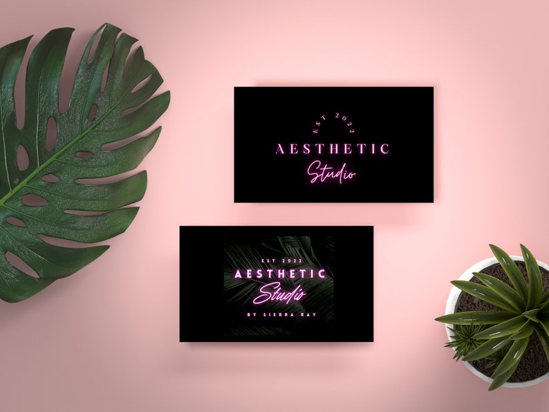 May include: Two black business cards with white text. The top card says "EST 2023 AESTHETIC Studio" in a circle. The bottom card says "EST 2023 AESTHETIC Studio BY SIERRA RAY" with a green tropical leaf background.