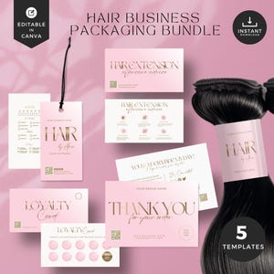 May include: A pink hair business packaging bundle with editable Canva templates. Includes tags, loyalty cards, and thank you cards. The bundle features the text "HAIR by Ann" and "Hair Extension aftercare advice."