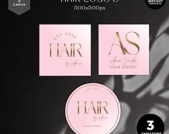 Luxury Hair Beauty Salon Logo Template,Pink Gold, Editable Canva Design