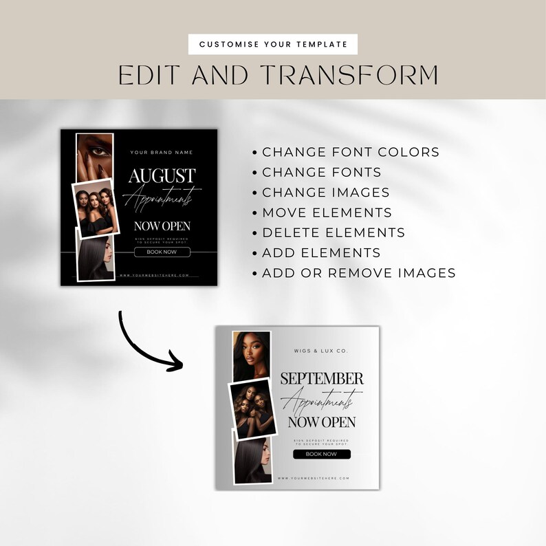 K&ouml;nnte beinhalten: Eine Werbevorlage mit dem Text "EDIT AND TRANSFORM" und "CUSTOMISE YOUR TEMPLATE". Die Grafik zeigt zwei quadratische Anzeigen, eine f&uuml;r August-Termine und eine f&uuml;r September-Termine, mit dem Text "NOW OPEN".