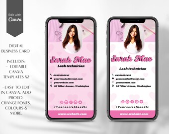 May include: Pink digital business card template for a lash technician. The template features a photo of a woman, the text "Sarah Mae Lash Technician", contact information, and social media icons. The template is editable in Canva.