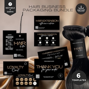 Peut inclure: Un ensemble d'emballage pour entreprise de coiffure noir et or avec six modèles. Comprend des étiquettes, des cartes de conseils d'entretien, des cartes de fidélité et des cartes de remerciement. Le texte comprend "Hair by Ann" et "100% Natural".