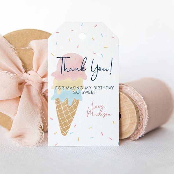 Editable Ice Cream Gift Tag Pastel  Birthday Thank You Gift Birthday Party Printable Download Corjl Template 400